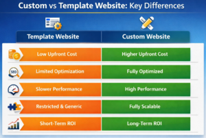 Custom vs template website comparison table showing cost, SEO, speed, flexibility, and ROI differences