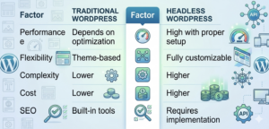 Headless WordPress vs traditional WordPress comparison showing performance, flexibility, cost, complexity, and SEO differences